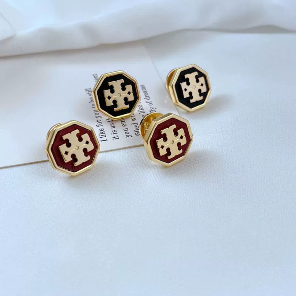 Tory Burch Modern Inlaid Alphabet Leather Metal Octagon Stud Earrings